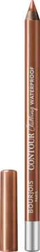 Metaliczna, miedziana kredka Bourjois Contour Clubbing Waterproof z ostrą końcówką, obok otwarta skuwka.