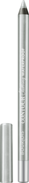 Pionowe ujęcie srebrnej wodoodpornej kredki do oczu Bourjois Contour Clubbing, z otwartą nasadką.