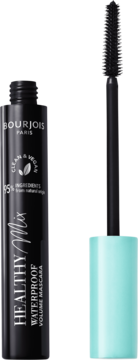 Bourjois Healthy Mix Clean & Vegan wodoodporny tusz do rzęs, czarna tuba z turkusową nakrętką i szczoteczką.