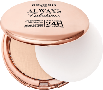 Matujący puder Bourjois Always Fabulous SPF 20 w różowo-złotej puderniczce, otwarty, beżowy puder i gąbka.