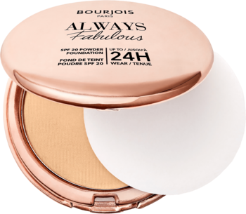 Otwarty matujący puder Bourjois Always Fabulous w różowozłotej puderniczce z jasnym beżem i gąbeczką.