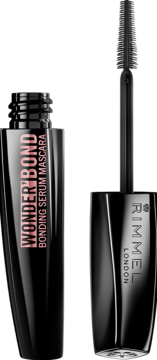 Otwarta czarna maskara Rimmel Wonder'Bond Bonding Serum z różowym napisem i widoczną szczoteczką, ujęcie z przodu.