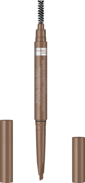 Rimmel Brow This Way, dwustronna kredka do brwi nr 01 blonde, brązowa, z otwartymi końcówkami i szczoteczką.