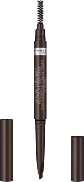Rimmel Brow This Way ciemnobrązowa kredka do brwi z trójkątną końcówką i szczoteczką, otwarta, widok z przodu.