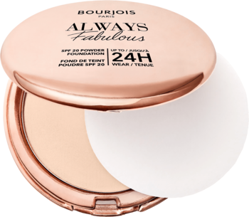 Otwarta puderniczka Bourjois Always Fabulous, różowo-złota, z beżowym pudrem kryjącym SPF 20 i białą gąbeczką.