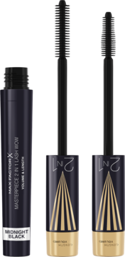Max Factor Masterpiece 2in1 Lash Wow Midnight Black mascara. Open dark tube, two gold-accented wands with brushes for volume & length.