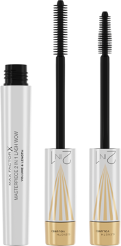 Max Factor Masterpiece 2in1 Lash Wow mascara, biała tubka z dwiema czarnymi szczoteczkami do wydłużania i objętości.