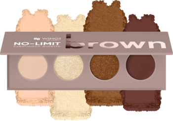 Mini paleta cieni AA Wings of Color No Limit Brown, 4 brązowo-beżowe odcienie mat/błysk, z próbkami.