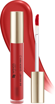 AA Wings of Color SO VELVET Queen Red, matowa pomadka w płynie. Widoczna tubka, aplikator i intensywna próbka koloru.