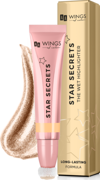 AA Wings of Color Star Secrets kremowy rozświetlacz Golden Glow w różowej tubce z gąbeczką, pudełko, swatch.