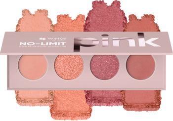 Mini paleta cieni AA Wings of Color No Limit Pink, 4 róże matowe i błyszczące, z rozsypanym pudrem.