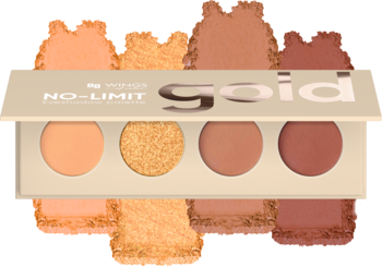 Paleta cieni AA Wings of Color No Limit Gold, 4 odcienie złota i brązu z błyszczącym i matowym wykończeniem, widok z przodu ze swatchami.