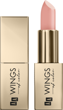 Różowa szminka AA Wings of Color Creamy Care 01 London Fog, kremowa formuła, otwarta i zamknięta sztuka.