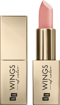 Różowa szminka AA Wings of Color Creamy Care 02 Timeless Vogue, dwie sztuki: zamknięta i otwarta z różowym sztyftem.