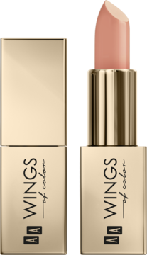 Dwie szminki AA Wings of Color Creamy Care Praline Nude w złotej obudowie, jedna otwarta z beżową pomadką.
