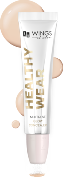 AA Wings of Color Healthy Wear multi-use glow concealer, white tube with gold text, beige shade, and sponge applicator.