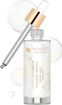 Magical Drops Glass Skin baza-serum w przezroczystej butelce z zakraplaczem i złotą nakrętką na świetlistym tle.