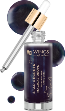 Wings of Color Magical Drops Matte Skin: matująca baza-serum w butelce z uniesionym zakraplaczem, w otoczeniu pereł.