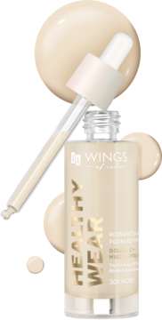 Rozświetlający podkład tint AA Healthy Wear 301 Ivory, butelka z zakraplaczem pod kątem, otoczona kroplami produktu.