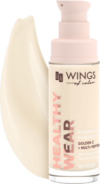Rozświetlający podkład AA Wings Healthy Wear 301 Ivory w butelce z pompką, widoczna próbka koloru.