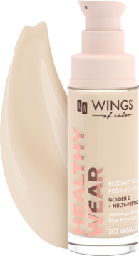 Rozświetlający podkład AA Wings of Color Healthy Wear 302 Vanilla w butelce z pompką, obok beżowa smuga produktu.