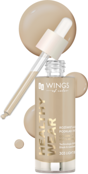 Rozświetlający podkład AA Wings of Color Healthy Wear 303 Light Beige, kroplomierz i rozlane krople fluidu.