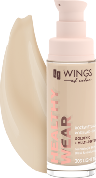 AA Wings of Color Healthy Wear rozświetlający podkład tint 303 Light Beige, beżowa butelka z pompką, próbka.
