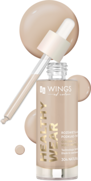 AA Wings of Color Healthy Wear rozświetlający podkład 304 Natural, butelka z zakraplaczem i rozlanym produktem.