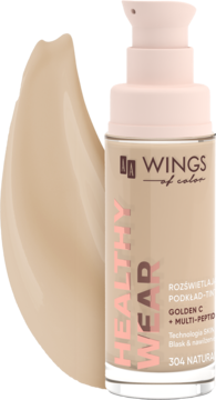 AA Wings of Color Healthy Wear rozświetlający podkład tint 304 Natural Beige w butelce z pompką, obok swatch.