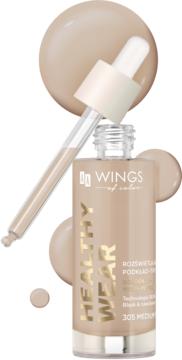 Rozświetlający podkład AA Wings of Color Healthy Wear 305 Medium Beige, butelka z pipetą i kroplami kosmetyku.