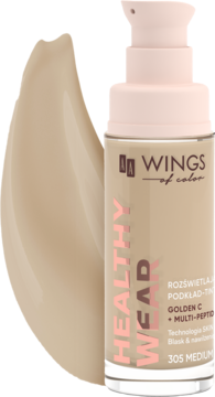 AA Healthy Wear 305 Medium podkład rozświetlający do twarzy, w butelce z pompką, obok swatch koloru.