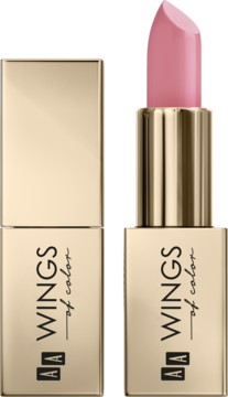 Dwie różowe szminki AA Wings of Color Creamy Care 05 Royal Pink. Złote, prostokątne opakowania, jedna otwarta.