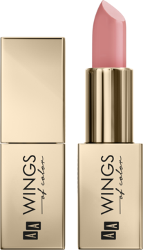 Różowa szminka AA Wings of Color Creamy Care 04 Frozen Pink, widok na dwie złote tubki, jedna otwarta z różową pomadką.