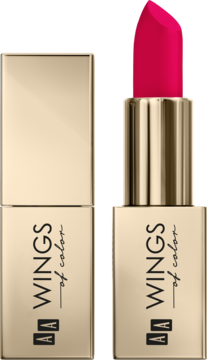 Dwie szminki AA Wings of Color Creamy Care w złotej obudowie. Jedna zamknięta, druga otwarta, ukazująca fuksjowy kolor.