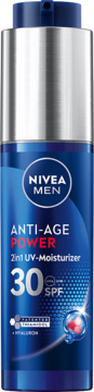 NIVEA MEN Anti-age Power 2w1 UV-Moisturizer SPF 30, niebieska butelka z pompką, Thiamidol, widok z przodu.