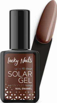 Brązowy lakier Lacky Nails Solar Gel nr 16 chocolate, do paznokci bez lampy UV/LED, butelka i wzornik.