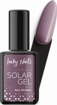 Fioletowy lakier Lacky Nails Solar Gel w czarnej butelce, z osobnym błyszczącym swatch'em, bez UV/LED.