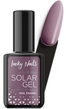 Fioletowy lakier do paznokci Lacky Nails Solar Gel w kwadratowej butelce z próbnikiem koloru, bez UV/LED.