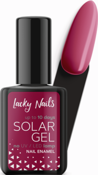 Bordowy lakier Lacky Nails Solar Gel w butelce z etykietą "no UV/LED lamp", obok próbka koloru.