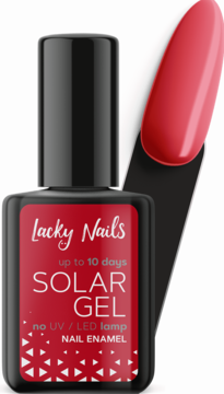 Lacky Nails Solar Gel nr 19 "true blood", czerwony lakier do paznokci, widok z boku, z próbnikiem.