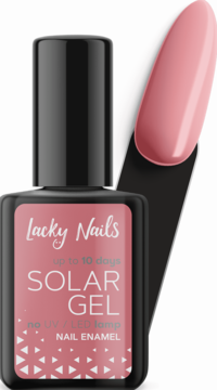 Różowy lakier do paznokci Lacky Nails Solar Gel w butelce. Obok wzornik koloru. Utwardzany światłem słonecznym.