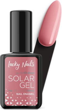 Lacky Nails Solar Gel nr 21 coral, różowy lakier utwardzany słońcem, bez lampy UV/LED. Butelka i próbka koloru.
