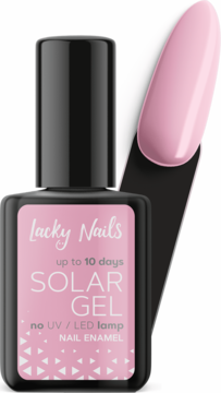 Różowy lakier do paznokci Lacky Nails Solar Gel, butelka i swatch, utwardzany słońcem.