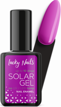 Lacky Nails Solar Gel nr 23 orchid purple lakier do paznokci bez lampy UV, czarna butelka i próbka koloru.