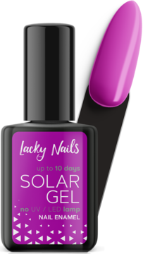 Lacky Nails Solar Gel nr 23 orchid purple, lakier do paznokci w czarnej butelce, widok z przodu z próbką.