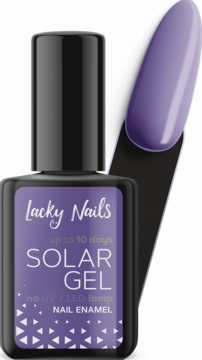 Lacky Nails Solar Gel: fioletowy lakier do paznokci w czarnej butelce z wzornikiem koloru plum, bez lampy.