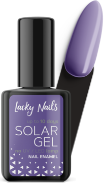 Fioletowy lakier do paznokci Lacky Nails Solar Gel, butelka z czarną nakrętką i obok próbnik koloru. Bez lampy UV.