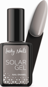 Szary lakier Lacky Nails Solar Gel nr 27 Moonstone, butelka z lakierem i dopasowanym wzornikiem.