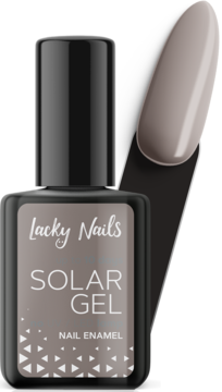 Szary lakier Lacky Nails Solar Gel nr 27 moonstone. Butelka z aplikatorem i błyszcząca próbka koloru.