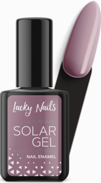 Lakier Solar Gel Lacky Nails nr 25 provanse, butelka z czarną nakrętką i próbnik koloru brudnego różu; widok z przodu.